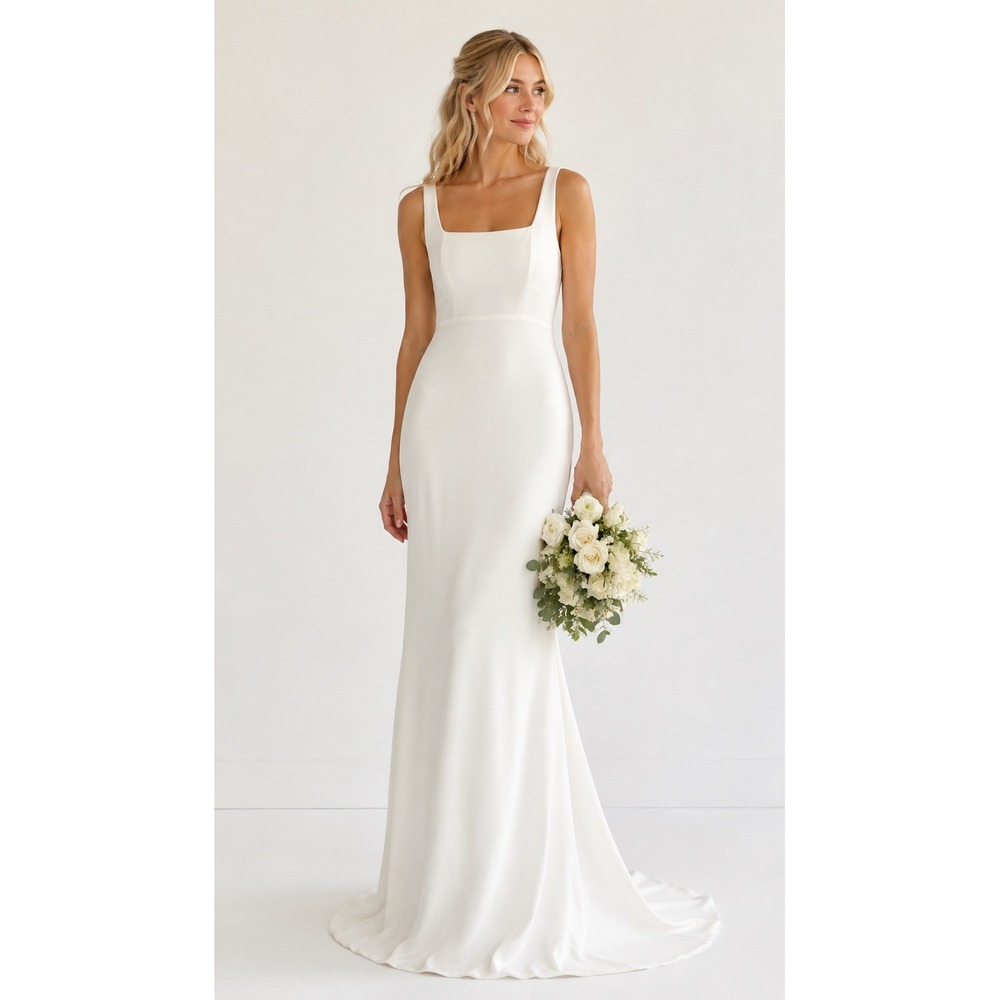 NWT Lulus Bridal Maxi Dress Square Neck Gown White Criss Cross Back Lace Medium‎